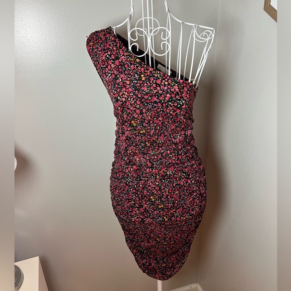 Leith One Shoulder Midi Ditsy Floral Bodycon Pencil Mesh Dress Sz S Homecoming - Picture 1 of 6